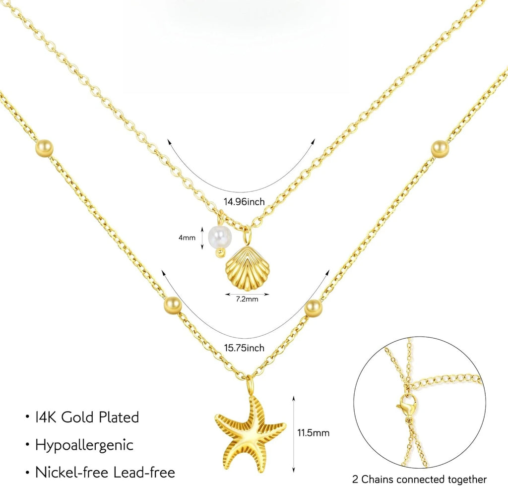 Gold Plated Layered Shell Charm Necklace