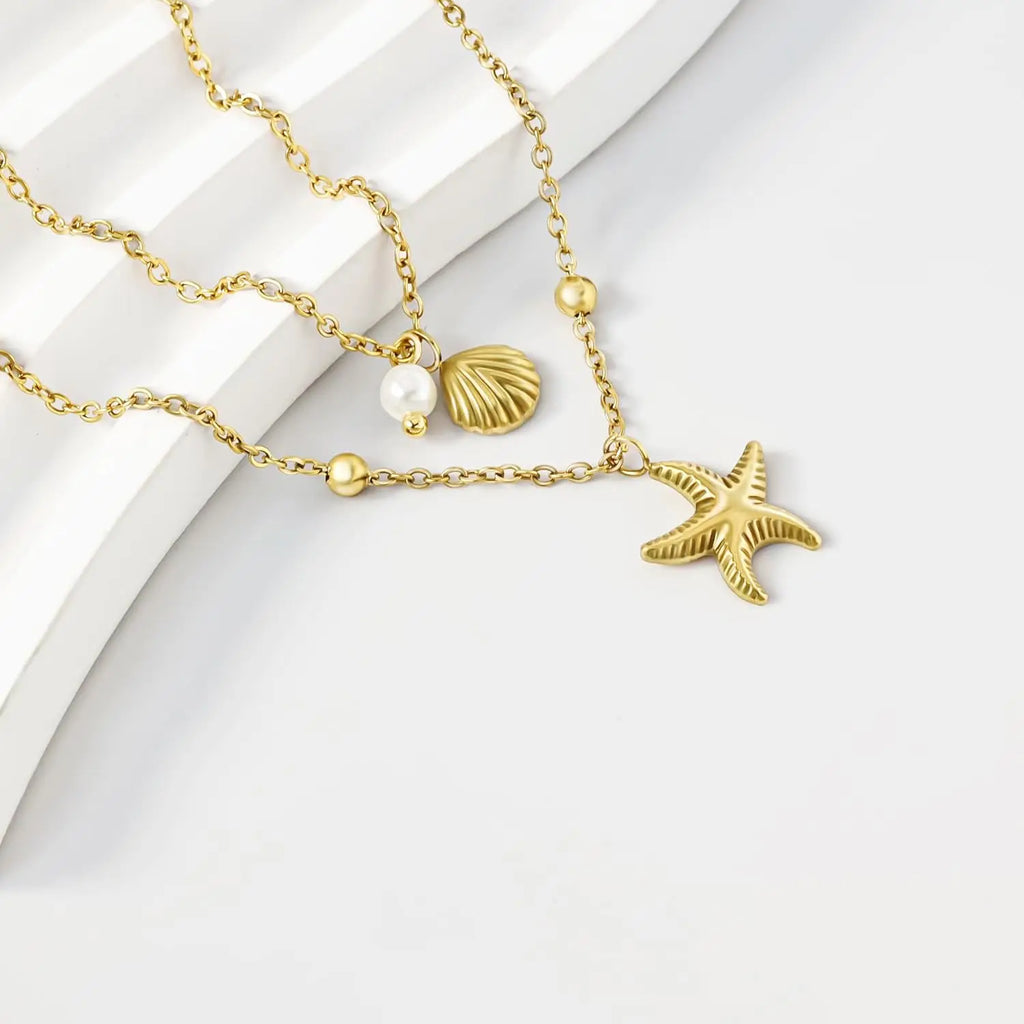 Gold Plated Layered Shell Charm Necklace