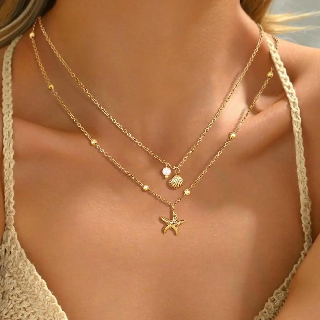 Gold Plated Layered Shell Charm Necklace