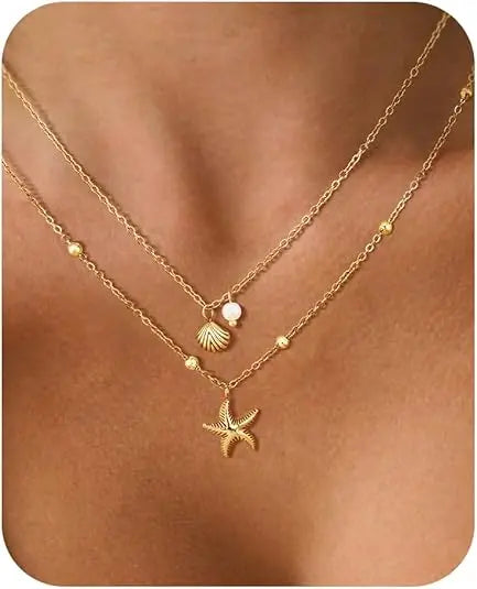 Gold Plated Layered Shell Charm Necklace