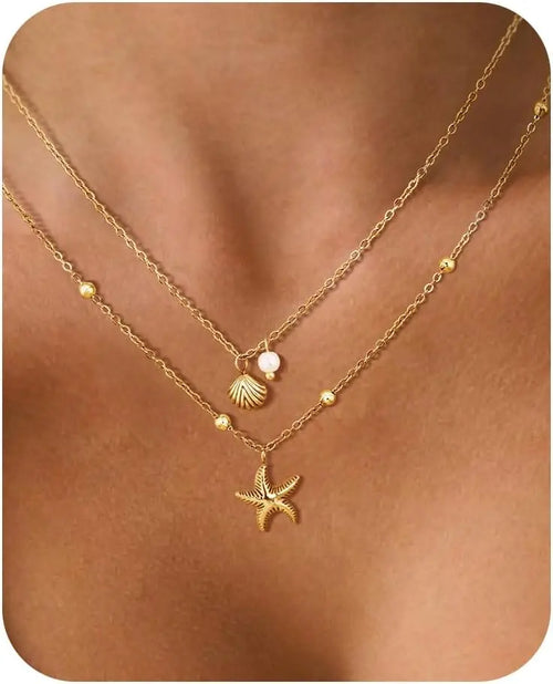 Gold Plated Layered Shell Charm Necklace